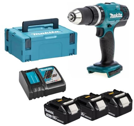 Makita - Taladro atornillador de percusión a batería - Modelo DHP453-2 baterías 3 Ah