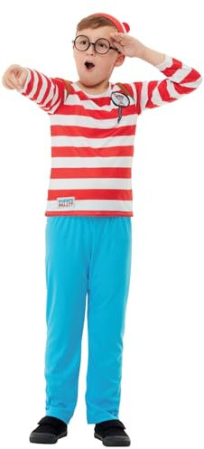 Smiffys Où est Charlie ? Costume Deluxe, Rouge et blanc, haut avec impression 3D, pantalon, chapeau et lunettes Halloween
