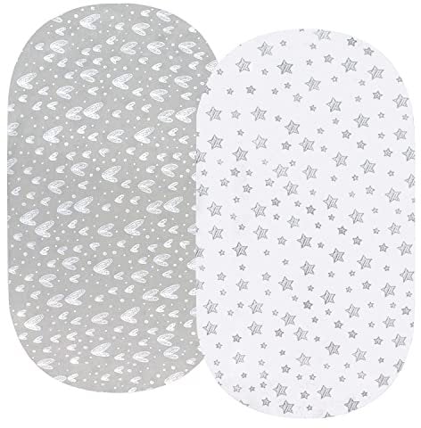 Moses Basket Sheets Fitted,100% Jersey Knit Cotton Bassinet Sheets(70x32cm) 2 Pack, Breathable and Heavenly Soft, Grey Hearts and White Stars Print for Baby