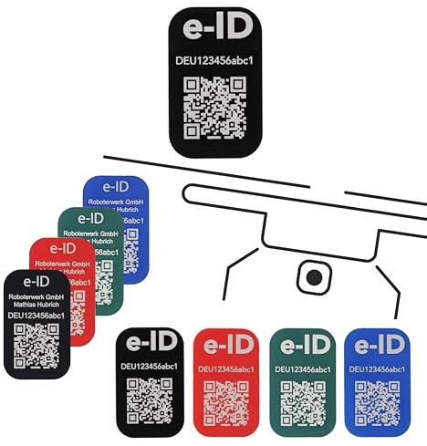 Roboterwerk Drohnen Kennzeichnungsschilder mit Lasergravur | Aluminium | 31x19mm | Schwarz| QR-Code | e-ID und Registrierungsnummer | Aufkleber