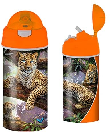 3D LiveLife Drinking Bottle - Treetop Leopards from Deluxebase. 3D Lenticular Big Cat Water Bottle with Straw. 600ml kids drinks bottle with original artwork from renowned artist, Jan Patrik Kra