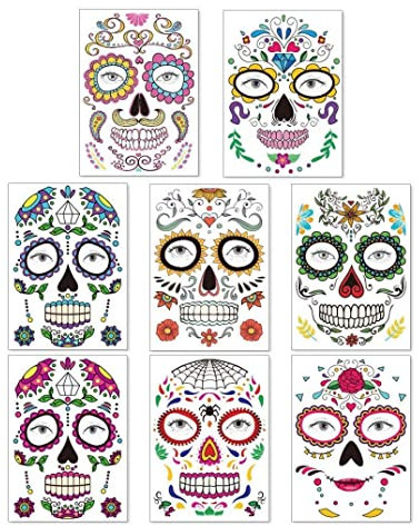 Binnan 8 Hojas Halloween Tatuajes Temporales de Cara, Halloween Mascarada Día de los Muertos Esqueleto Cráneo Tatuajes Adhesivos, Pegatinas de Tatuajes de Halloween para Adultos, Niños