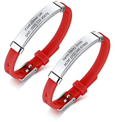 PJ JEWELLERY Notfallarmband SOS Armband Kinder Personalisierte - 2 Stück Edelstahl Silikonband Sicherheitsarmband Gravur Kleinkind Anti-Verlust Armbänder für Kinder Notfall Armband für Mädchen Jungen