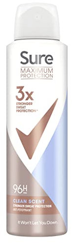 Sure Maximum Protection Clean Scent Antitranspirant Deodorant Aerosol 96h Schutz Antitranspirant Deospray für 3x stärkere* Schweißschutz 150 ml