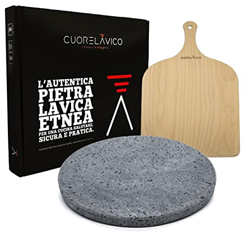 CUORE LAVICO - Kit de placa refractaria de piedra de lava etnea redonda para pizza diámetro 35 SP. 2 cm + pala | horno de gas, eléctrico y barbacoa para pan y pinza. Fabricado en Italia
