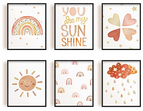 SUPERDANT 6 PCS/Set Ungerahmte Leinwanddrucke You Are My Sunshine Leinwand Wand Kunstdruck Herz Regenbogen Kinderzimmer Wandkunst Boho Wand Kunstdrucke Sonnenschein Kinderzimmer Dekor