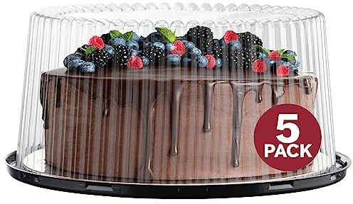10 - 11 Plastic Disposable Cake Containers Carriers with Dome Lids and Cake Boards | 5 Round Cake Carriers for Transport | Clear Bundt Cake Boxes / Cover | 2-3 Layer Cake Holder Display Containers