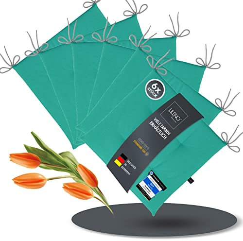 LILENO HOME 6er Set Stuhlkissen Türkis (40x40x4,5 cm) - Sitzkissen für Gartenstuhl, Küche oder Esszimmerstuhl - UV-beständige Indoor u. Outdoor Stuhlauflage als Stuhl Kissen (Laura FUM)