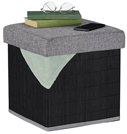 Relaxdays Sitzhocker mit Stauraum, gepolstert, faltbar, Bambus, Stoff, HxBxT: 36 x 35 x 35 cm, Sofahocker, schwarz/grau | Bambus, Stoff, HxBxT: 36 x 35 x 35 cm, Sofahocker