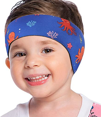 MoKo Schwimmen Stirnband, Neopren Schwimmband Ohrenband Wasserdichtes Kopfband Haarband mit Hohe Elastizität Ohrenschutz Band für Kinder Alter 1-2, S Größe - Blaue Krake