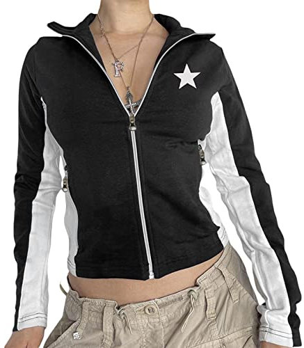 Damen Zip Up Sweatshirt Stand Kragen Cropped Track Jacket Vintage Patchwork Ästhetisch Schlank Kurzer Mantel 90s Retro Streetwear (Black , S )