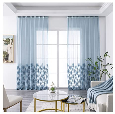 Voilages Intérieurs Oeillets, Rideau Voilage avec Motif 2 Pièces Rideau A Oeillets Polyester Feuilles de Palmier Transparentes 132x244cm Bleu