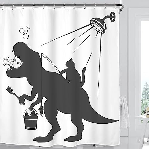 Miyotaa Dinosaurier-Duschvorhang-Set, 152 x 180 cm, Dino für Kinder, Jungen, Katze, Trex-Silhouette, schwarz-weiß, Cartoon-Polyester, wasserdichter Stoff, Badezimmervorhang mit 12 Haken