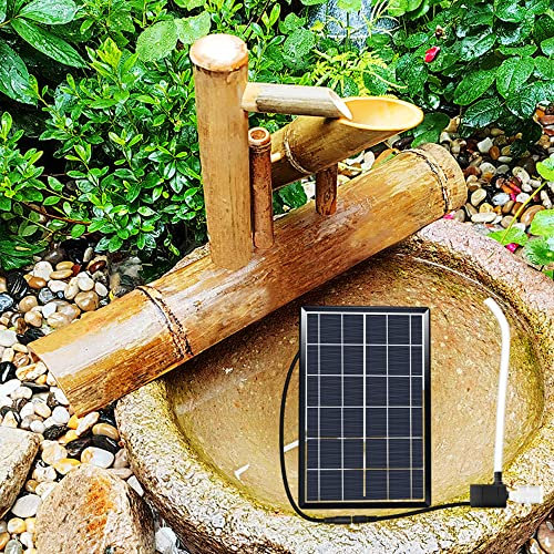 ZZYYZZ Fontaine à Eau d'extérieur à énergie Solaire, Fontaine en Bambou Zen avec Pompe et Panneau Solaire 6 W et Filtre à Eau et Tube d'eau de 2 m, pour pelouse, Jardin, arrière-Cour,14”