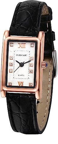 JewelryWe Damenuhr Leder Rechteckige Uhr: Vintage Analog Quarz Armbanduhr Damen Schwarz Lederarmband Beiläufige Uhr mit Eckigem Römischen Ziffern Strass Zifferblatt Geschenk für Frauen Mädchen