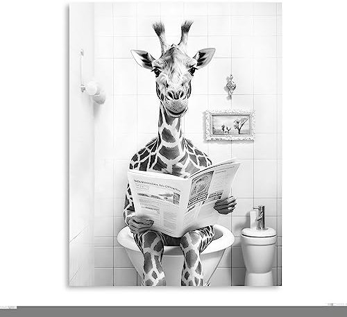 Yidepot Funny Toilet Giraffe Bathroom Decor: Kids Bathroom Pictures Black And Black And White Canvas Wall Art Framed 12x16