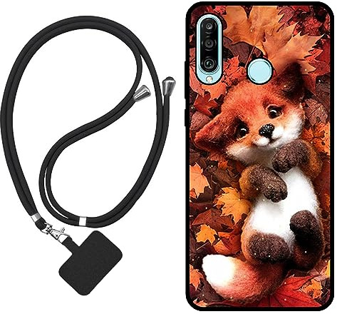 Sunrive Hülle Kompatibel mit Huawei P30 lite Case,matt Handyhülle Schutzhülle Etui Karikatur Muster TPU Backcover (Ahornblattfuchs) +1x Universale Handykette MEHRWEG
