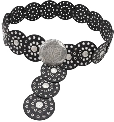 Dazzleimart Hohl Disc Gürtel Westernstil Übertriebene Cowboy Breite Disc Gürtel Metallschnalle Vintage Weich Langlebig Gürtel für Frauen, Schwarz Silber-a, 105cm(41.34in) x Width: 8.8cm(3.46in)