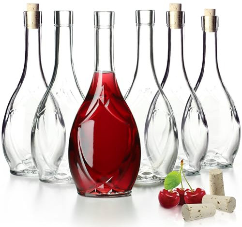 KADAX Glass Bottle with Tight Cork Stopper, Grape Pattern Oil Bottle, Vinegar Bottle, Glass Container for Fruit Liqueur, Empty Wine Bottle, Glass Container (500 ml - 6 Pieces)