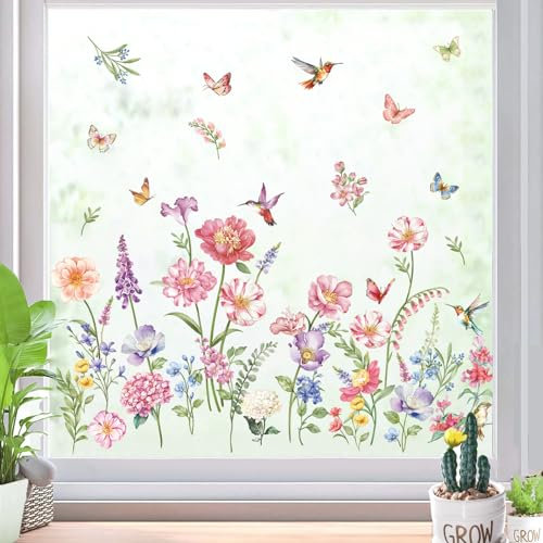 decalmile Pegatinas de Ventana Jardín de Flores Vinilos para Ventanas Flor Rosa Mariposas Anticolisión Vinilo No Adhesivo de Pegatinas Vidrio Ventana