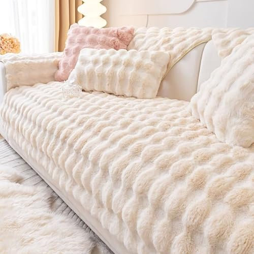 Gluhbirnen Kaninchen Plüsch Sofabezug, Sofa überwurfdecke, Sofa Überwurf, Sofaschoner rutschfest, Warmer Super Weicher Plush Sofabezug, Milchweiß, 90 * 70CM