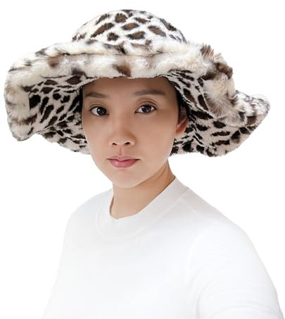 Lina & Lily Damen Winter Fischerhut mit breiter Krempe aus Kunstfell (Leopard Beige)