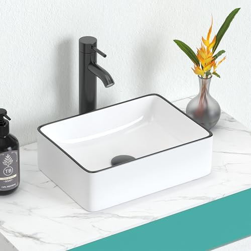 J-FAMILY Modern Bathroom Rectangular Vessel Sink Above Counter Compact Porcelain Ceramic Wash Basin Small Vanity Sink White with Black Trim Wash Hand Basin,370 x 270 x 115mm