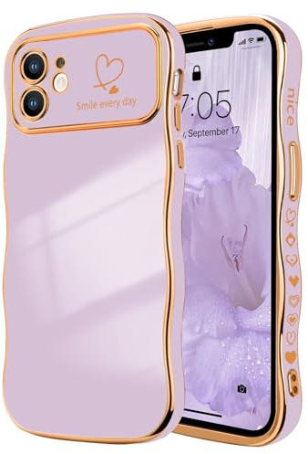 LCHULLE for iPhone 11 Case Cute for Women Girls Wavy, Light Purple | Luxury Plating Curly Wave Shape Frame with Love Heart Pattern, Raised Camera Protection Back Cover Shockproof Phone Case