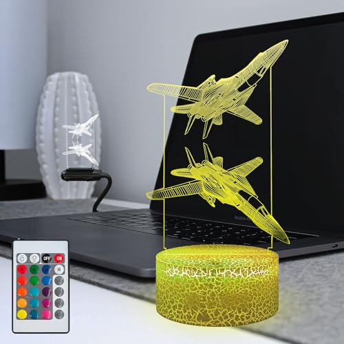 Masshomi Visuelle 3D-Schreibtischlampe, 16 Farbwechsel, Touch-Basis, Fernbedienung, Flugzeug, Pilot, zwei Flugzeuge, Hubschrauber, Kämpfer, dimmbar, Blitz, sanfter Modus, Cosplay, Weihnachten,