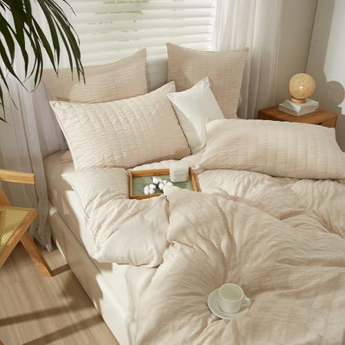 YASMENG Seersucker Bettwäsche 200x200 Beige Gestreift Bettwäsche Seersucker Modern Bettwäsche 3 Teilig Weich Atmungsaktiv Mikrofaser Bettbezug Set mit Reißverschluss und 2 Kissenbezüge 80x80 cm
