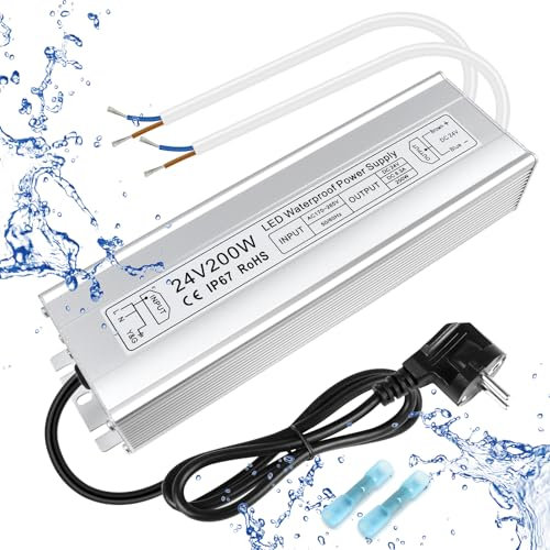 inShareplus LED Trafo 24V 8.33A 200W IP67 Wasserdichter Outdoor-Treiber, AC 170-265V zu DC 24 Volt Niederspannungs-Transformator, 24V Netzteil für LED-Licht, Computerprojekt, Außeneinsatz