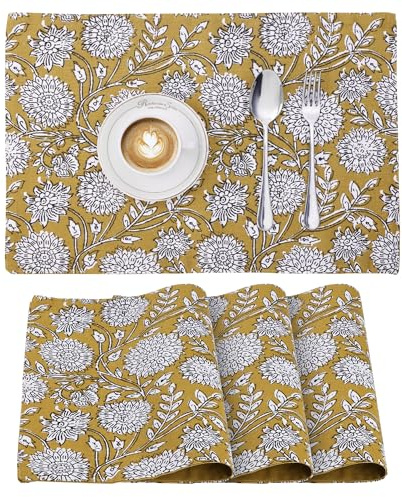 JEMIDI 4er Set Tischset mit Blumenmuster - 4 Tischsets aus Baumwolle - 4X Boho Platzdeckchen Platzset aus Stoff Floral Design - Tisch Sets Platzsets Placemats - Gelb