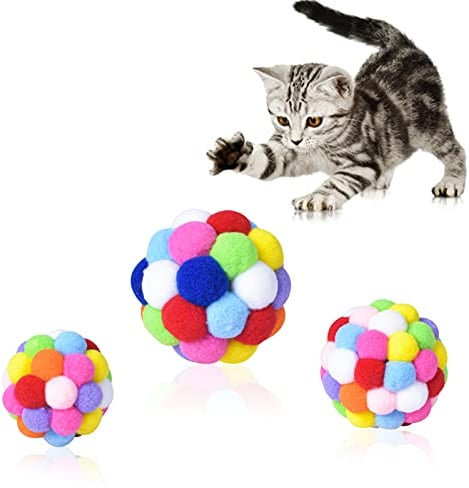 Ehuihuan Bunte Plüschbälle Katzenspielzeug, Interaktives Katzenspielzeug Ball mit Glocke, 3er Set Bunte Katzenbälle für Kitten, Katzenspielzeuge für Katzen und Kätzchen, Spiel und Spaß, L M S