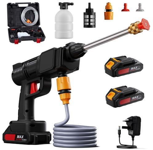The Fellie Cordless Electric Pressure Washer, Portable Pressure Washer, Jet Washer Gun Kit With 2 * 21V 1500mAh Battery/2*Spray Nozzles/Hose, Car Wash Spray Gun for Car/Floor/Garden Cleaning