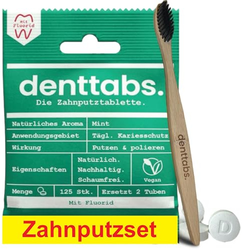 Denttabs Zahnputzset - Zahnputztabletten Minze mit Fluorid 125 Stk Set+Bamboobrush Bambus Zahnbürste ultrasoft