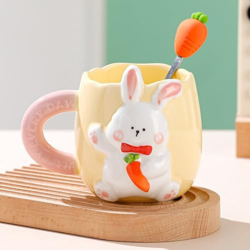 Tasse de Pâques, tasse de lapin avec cuillère à carotte, cadeau de Pâques, tasse mignonne en céramique, motif de lapin, café, thé, lait, pour Pâques et cadeaux d'anniversaire (jaune)