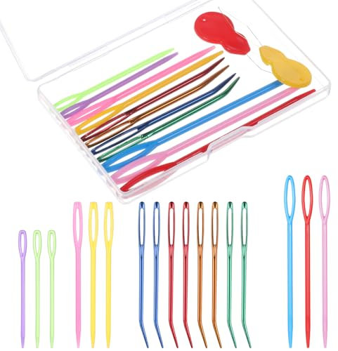 19 Stück Wollnadel zum Vernähen, 4 Größen Nähnadeln mit Großem Öhr Nähnadeln Set mit 2 Nadeleinfädler Gebogene Spitze Nadeln Stopfnadel Sticknadeln für Weben Wolle Stricken Häkeln Handgenähtes Leder