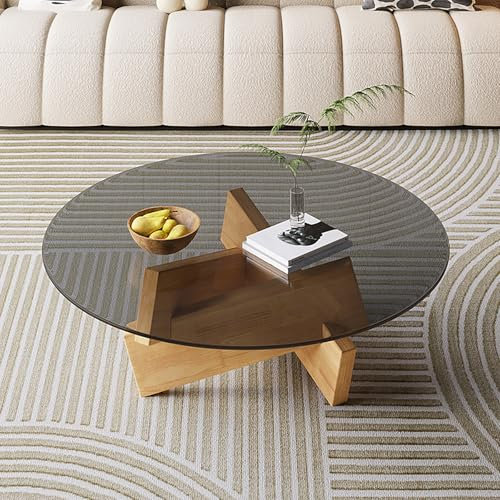 Runder Couchtisch Aus Glas, Couchtisch Mit Glasplatte, Niedrige Couchtische Mit Gekreuzten Beinen, Couchtisch Aus Holz, Center-Couchtisch Für Wohnzimmer, Kleiner Teetisch Für Die Wohnung(Beige,70*70*3