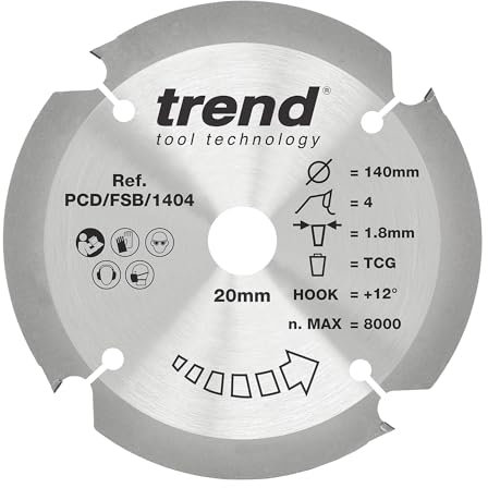 Trend PCD Fibre Cement Circular Saw Blade, 140mm Diameter, 20mm Bore, 4 Teeth, 1.8mm Kerf, +12° Hook, PCD, Coarse Finish, PCD/FSB/1404