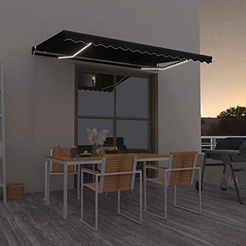 IKAYAA Toldo Manual Retráctil 400 x 350 cm con luz LED, Toldo Enrollable Aluminio y Poliéster,Toldo Articulado Retractil con Brazo, Toldo Manual para Balcón y Veranda Antracita