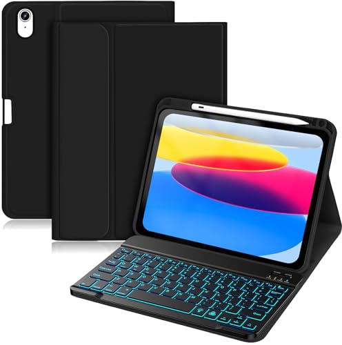 Palkitsee for iPad 11th 10th Generation Case with Keyboard - 7 Colors Backlit Wireless Detachable Folio Keyboard Cover with Pencil Holder for iPad 11-inch A16 2025 10th Gen 10.9 Inch 2022, Black