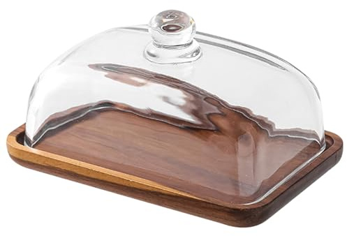 Butter Dish with Lid, 7.1x4.7x3.7 Inch Wooden Butter Container with Clear Glass Cover, Cheese Keeper for Kitchen Countertop, Fridge