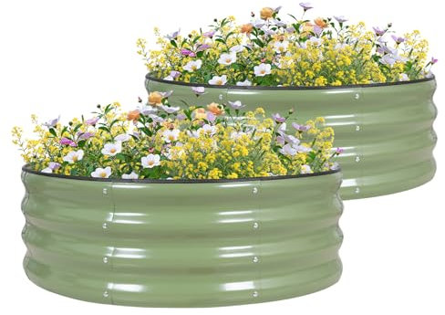 GoCampDirect 90 x 90 x 30 cm rund Hochbeet Pflanzbeet Frühbeet Gartenbeet Pflanzkübel Pflanzkasten Blumenkasten Gemüsebeet Blumenbeet Olivgrün Verzinkter Stahl(2 Pakete)