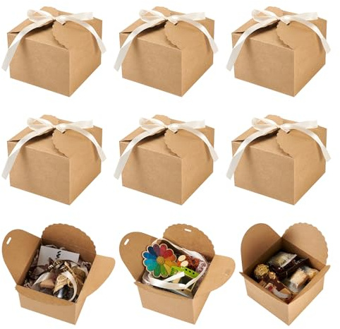 Boutigem BurlyWood Geschenkboxen aus Kraftpapier, 12 x 12 x 9 cm, quadratische Geschenkschachtel mit Band für Hochzeit, Party, Geburtstag, Weihnachten, Valentinstag, 10 Stück