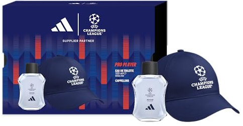 adidas, Cofanetto Regalo UEFA Champions League Pro Player, Eau de Toilette 100 ml e Cappellino Champions League Blu con Visiera
