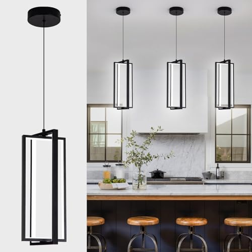 EIDISUNY Modern Led Pendant Light Fixture, 15W led Pendant Lights Kitchen Island, 4500K Daylight White Pendant Lamp, Adjustable Height Black Pendant Light for Kitchen Dining Room Bedroom