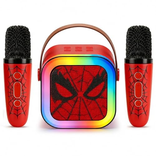 Karaoke Infantil con 2 Micrófonos Inalámbricos, Altavoz Portátil Bluetooth, Luces LED Que Cambian Al Ritmo De La Música, Compatible con AUX, TF Y USB, Niños (Rojo Oscuro)