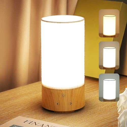 Caromolly Light Therapy Lamp, Happy Lamp 10,000 LUX UV Free with 3 Color Temperature & 5 Brightness Level, Full Spectrum Light Wood Base Round Flaxen Fabric Shade for Home, Office, 4 × 8.4”