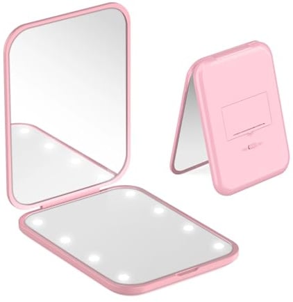 elzle Specchio Portatile con Luce LED per Viaggio, Specchietto da Borsetta | Ingrandimento 1x/3x Pieghevole Piccolo Specchio per Trucco per Portafoglio, Viaggio e Uso Quotidiano Ideale per a Regalo Rosa