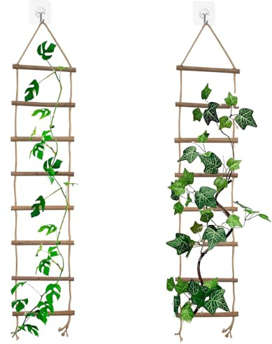 2 Échelles Grimpantes en Bois de 15 x 77 cm, Treillis Mural Suspendu avec Corde à Pompon, Décoration pour Plantes, Lierre, Pothos, Jardin Intérieur et Extérieur